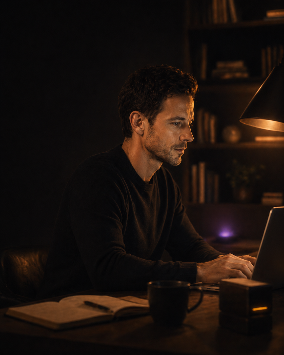 Cinematic portrait of the Khtain founder working in a dim home office at night.