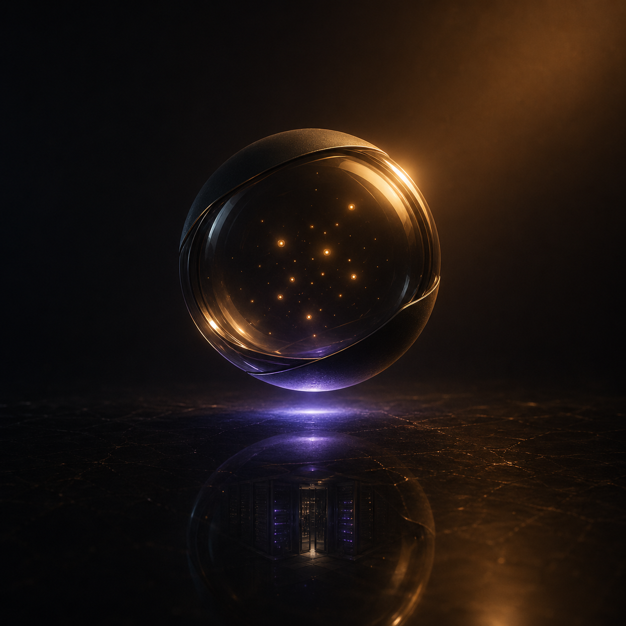 Glass-and-graphite orb suspended above a dark surface, representing an autonomous AI agent running on private infrastructure.