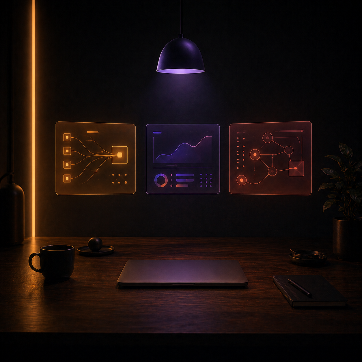 Solo agency operator's command desk with three floating client project panels.