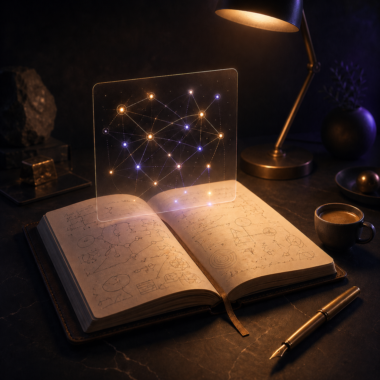 Consultant's desk with leather notebook, fountain pen, and floating knowledge graph.