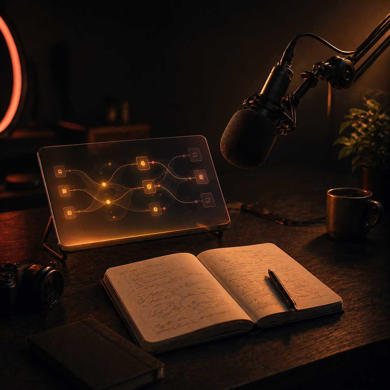 Content creator's desk with a microphone and a softly-glowing publishing pipeline panel.