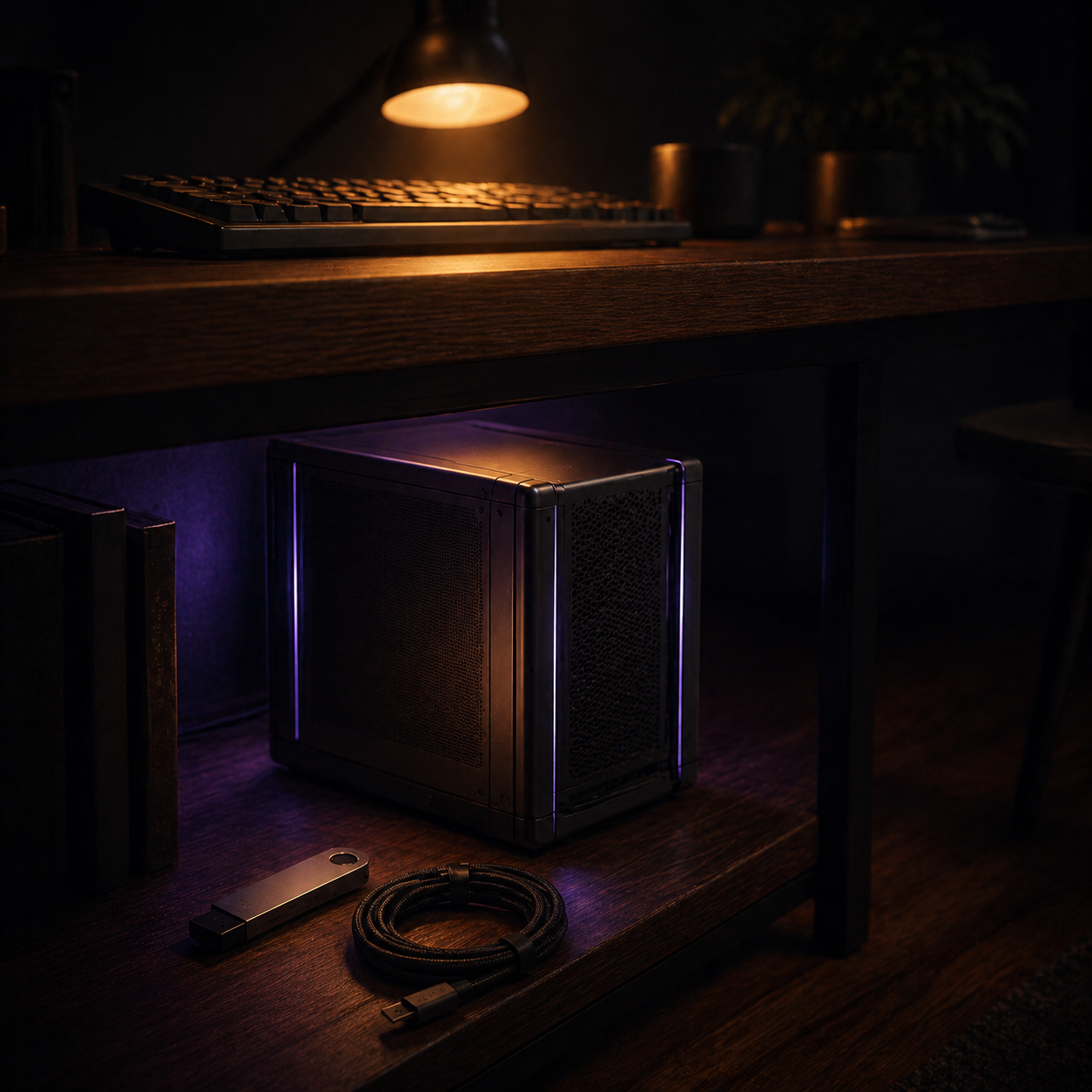 Crypto operator's home rig with a hardware wallet and mini-PC under a desk.