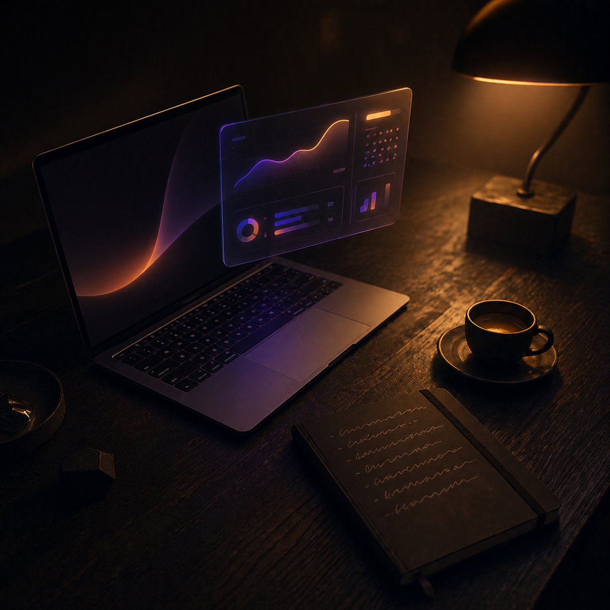 Top-down view of an indie SaaS founder's desk with a floating dashboard panel.