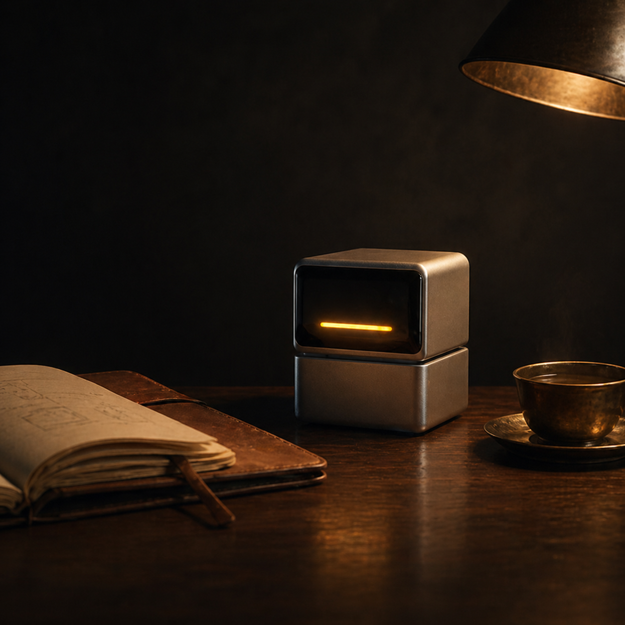 Sculptural AI desktop companion robot on a wooden writing desk.