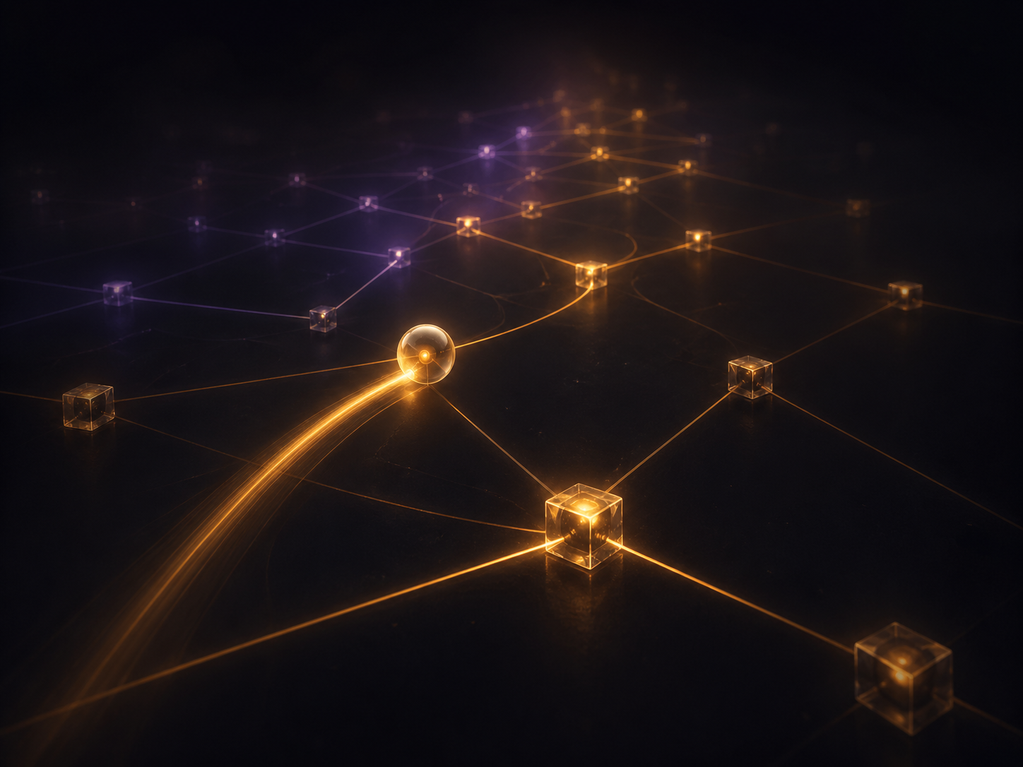 Abstract render of an AI agent traversing a glowing graph of service nodes.