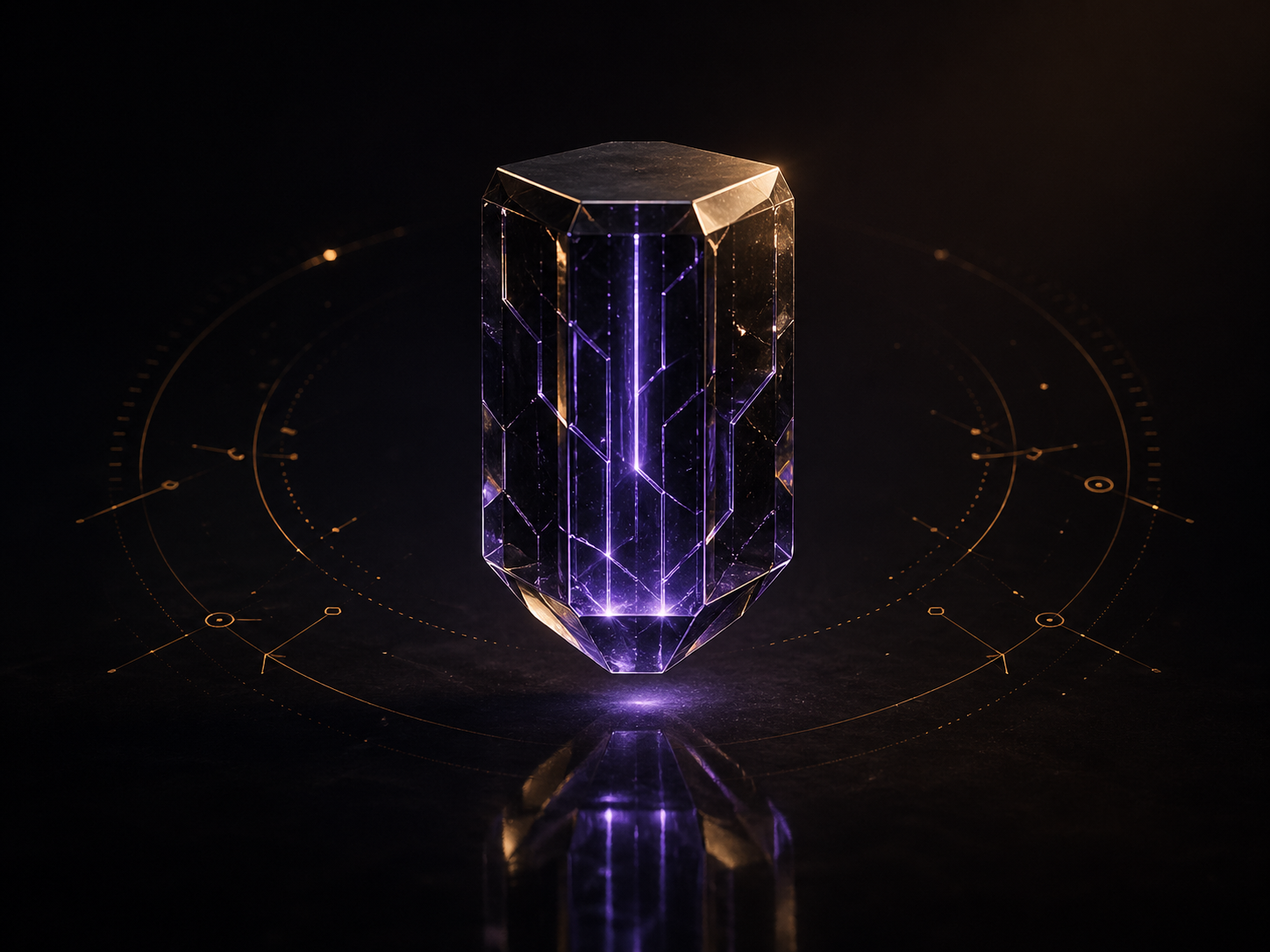 Faceted hexagonal prism of dark glass with iris-violet light flowing inside.
