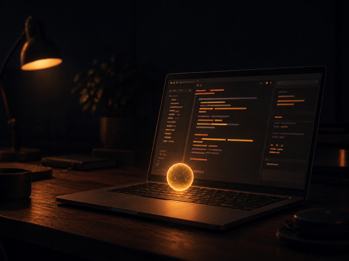 Open laptop on a wooden desk with a glowing orb hovering above the keyboard.
