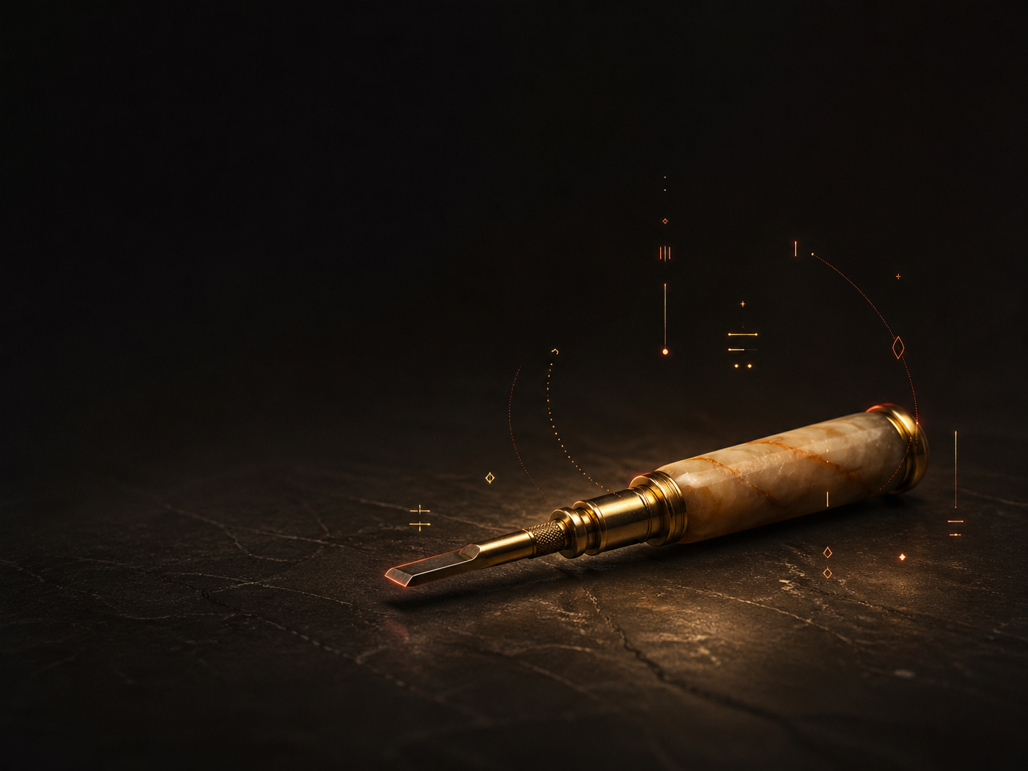 Single hand-crafted scribe tool resting on a deep slate workbench.