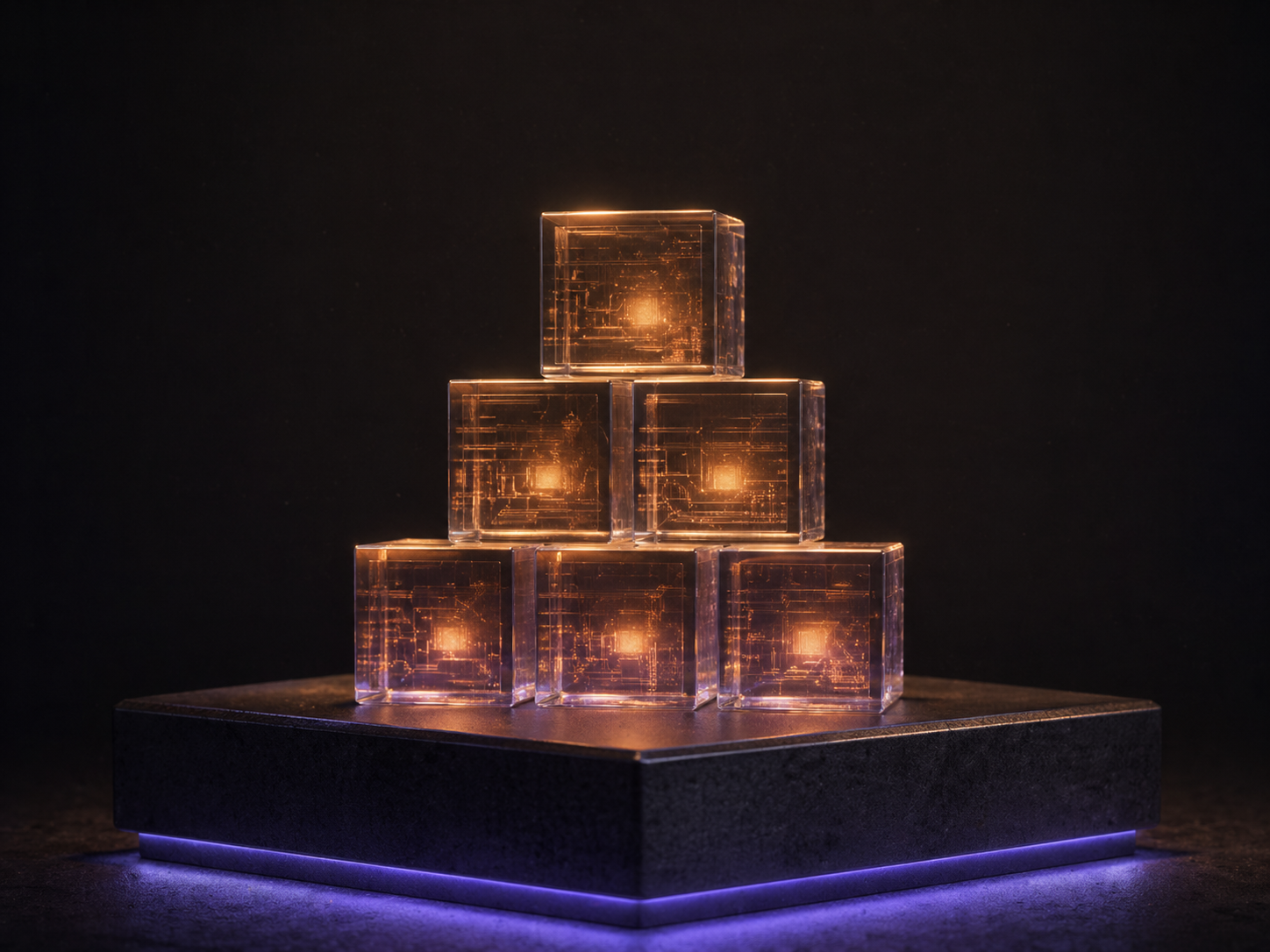 Translucent stacked data cubes glowing softly on a slate plinth.