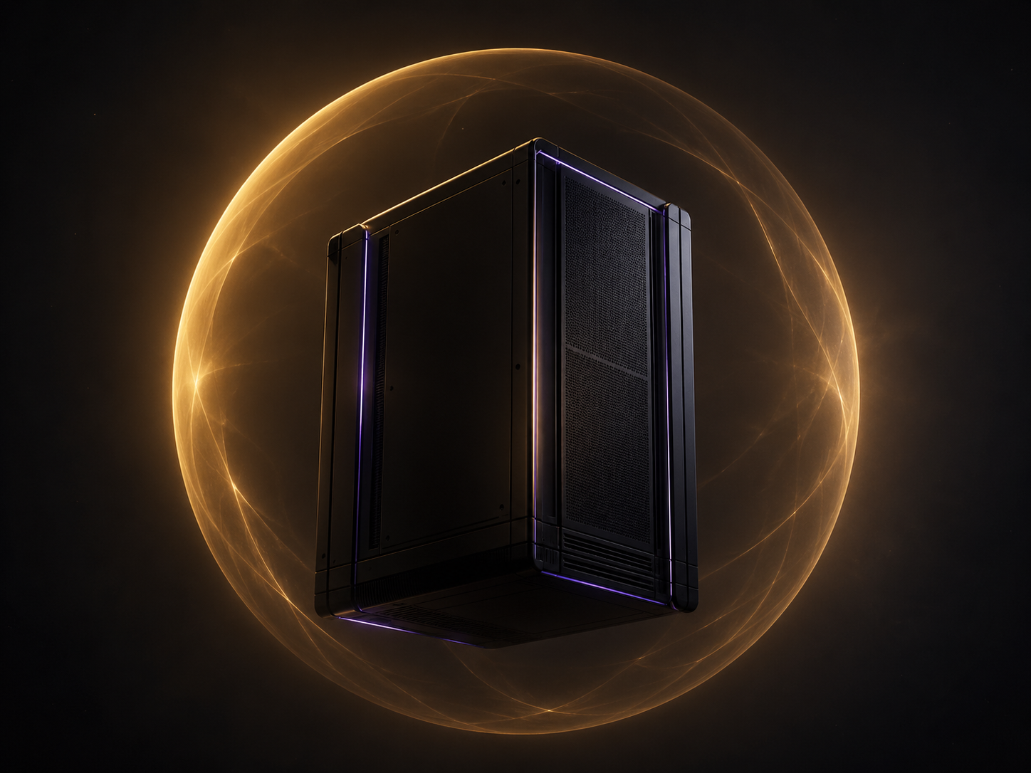 Single matte-black server unit suspended in void with a protective amber halo.
